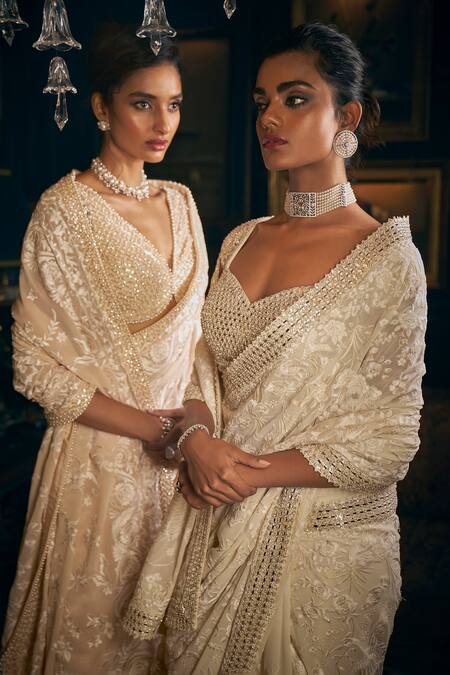 Seema Gujral_Ivory Georgette Embroidery, Mirrors Sweetheart Floral Thread Saree With Blouse _Online_at_Aza_Fashions