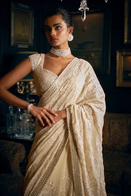 Buy_Seema Gujral_Ivory Georgette Embroidery, Mirrors Sweetheart Floral Thread Saree With Blouse _Online_at_Aza_Fashions