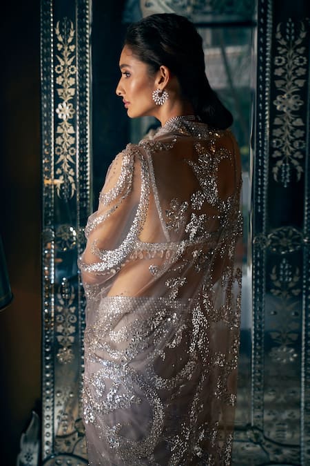 Seema Gujral_Grey Net Crystals, Sequins Plunge Neck And Embroidered Saree With Blouse _Online_at_Aza_Fashions