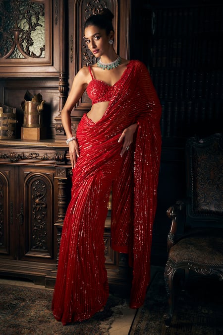 Seema Gujral Red Net Embroidered Sequin Sweetheart Saree With Blouse 