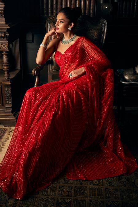 Seema Gujral Red Net Sequins Sweetheart Neck Embroidered Saree With Blouse Online at Aza Fashions Seema Gujral_Red Net Sequins Sweetheart Neck Embroidered Saree With Blouse_Online_at_Aza_Fashions