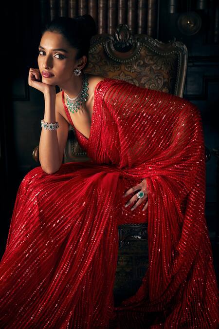 Buy Seema Gujral Red Net Sequins Sweetheart Neck Embroidered Saree With Blouse Online at Aza Fashions Buy_Seema Gujral_Red Net Sequins Sweetheart Neck Embroidered Saree With Blouse_Online_at_Aza_Fashions
