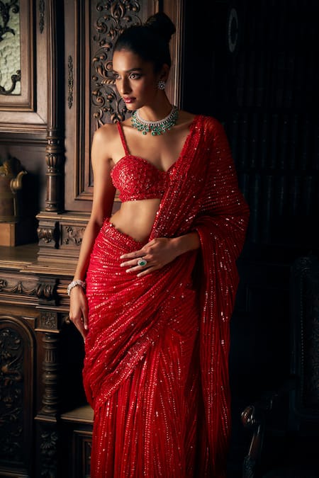 Shop Seema Gujral Red Net Sequins Sweetheart Neck Embroidered Saree With Blouse Online at Aza Fashions Shop_Seema Gujral_Red Net Sequins Sweetheart Neck Embroidered Saree With Blouse_Online_at_Aza_Fashions