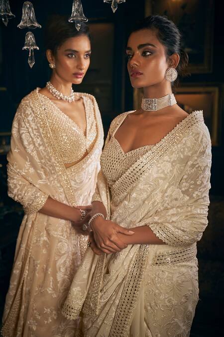 Buy_Seema Gujral_Beige Georgette Pearls, Embroidery Plunge Neck Saree Set _Online_at_Aza_Fashions