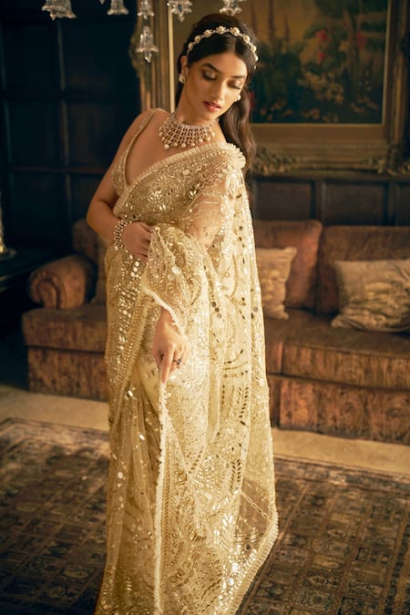 Shop_Seema Gujral_Cream Net Crystals, Mirrors, Sequins Plunge Neck Embroidered Saree With Blouse _Online_at_Aza_Fashions