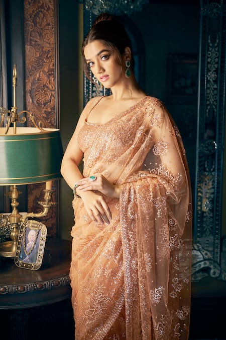 Seema Gujral_Brown Net Sequins, Crystals Round Neck Floral Embroidered Saree With Blouse _Online_at_Aza_Fashions