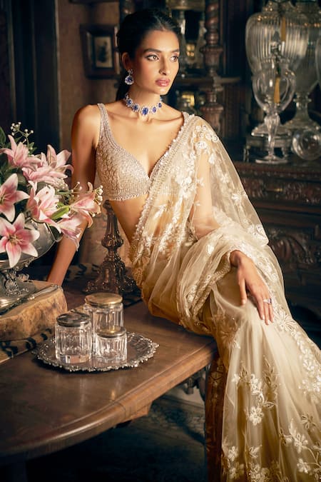 Seema Gujral_Beige Net Sequins, Crystals, Metallic Floral Applique Saree With Blouse _Online_at_Aza_Fashions
