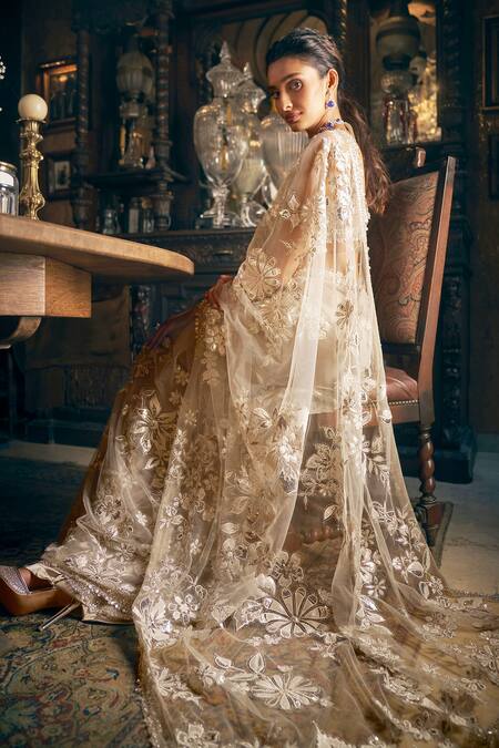 Buy_Seema Gujral_Beige Net Sequins, Crystals, Metallic Floral Applique Saree With Blouse _Online_at_Aza_Fashions
