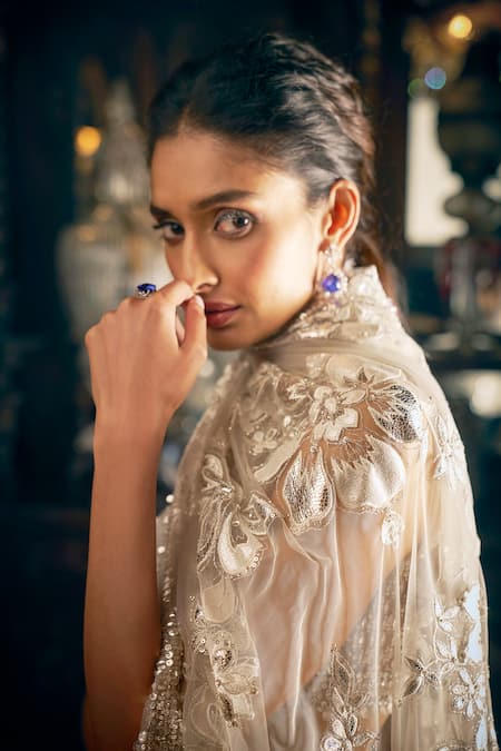 Shop_Seema Gujral_Beige Net Sequins, Crystals, Metallic Floral Applique Saree With Blouse _Online_at_Aza_Fashions