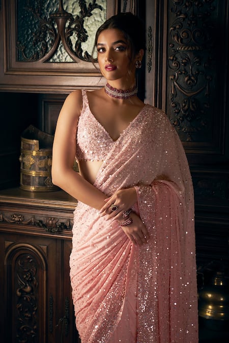 Seema Gujral_Pink Georgette Pearls, Sequins, Beads Plunge Embroidered Ombre Saree With Blouse _Online_at_Aza_Fashions