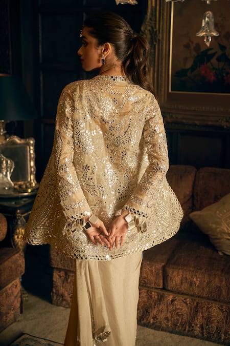 Shop_Seema Gujral_Silver Tissue, Organza Mirrors Border Pre-draped Saree Set With Jacket _at_Aza_Fashions