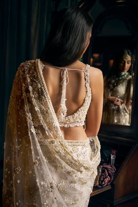 Shop_Seema Gujral_Ivory Net Pearls Plunge Neck 3d Floral Embroidered Saree With Blouse _at_Aza_Fashions