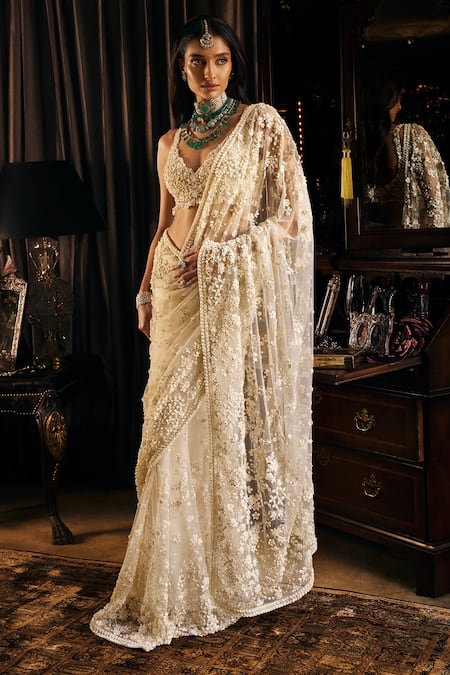 Seema Gujral_Ivory Net Pearls Plunge Neck 3d Floral Embroidered Saree With Blouse _Online_at_Aza_Fashions