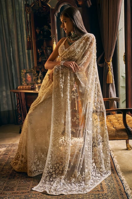 Shop_Seema Gujral_Ivory Net Pearls Plunge Neck 3d Floral Embroidered Saree With Blouse _Online_at_Aza_Fashions