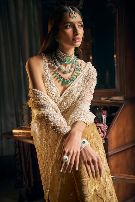 Seema Gujral_Ivory Net Pearls Plunge Neck 3d Floral Embroidered Saree With Blouse _at_Aza_Fashions