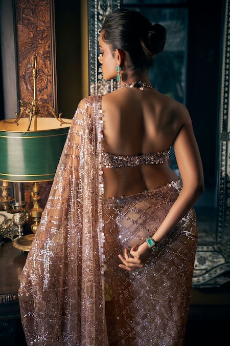 Shop_Seema Gujral_Brown Net Sequins, Crystals Scoop Neck Embroidered Saree With Halter Cut Blouse _at_Aza_Fashions