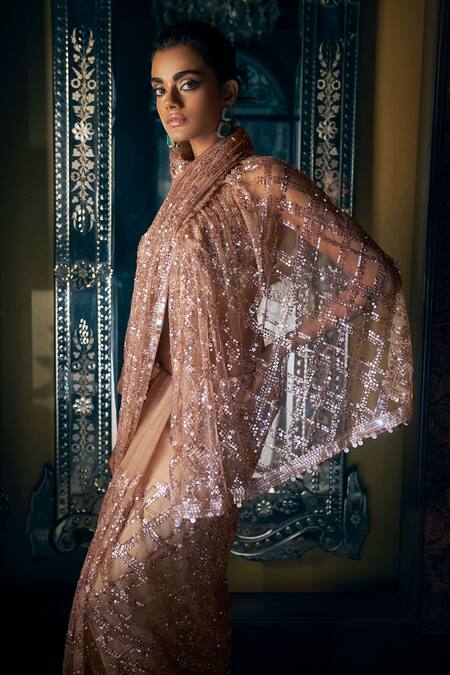 Seema Gujral_Brown Net Sequins, Crystals Scoop Neck Embroidered Saree With Halter Cut Blouse _Online_at_Aza_Fashions