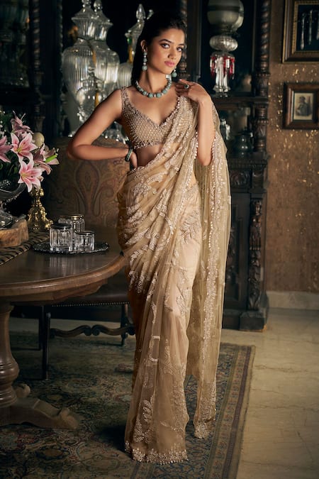 Seema Gujral Beige Net Embroidered Sequin Leaf Saree With Blouse  