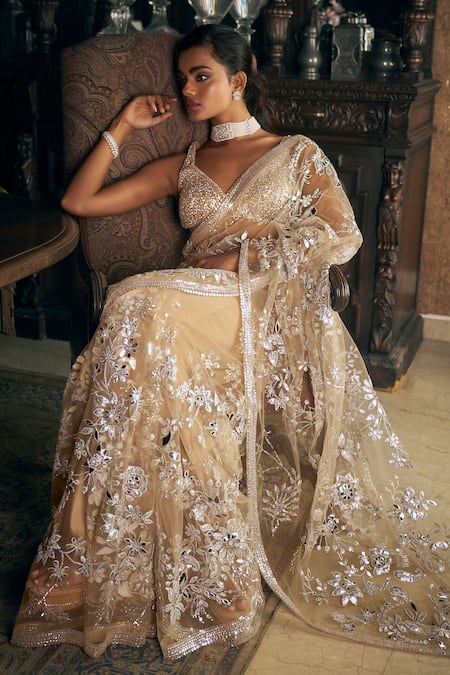 Buy_Seema Gujral_Beige Net Embroidered Floral Leaf Metallic Applique Saree With Blouse  _Online_at_Aza_Fashions