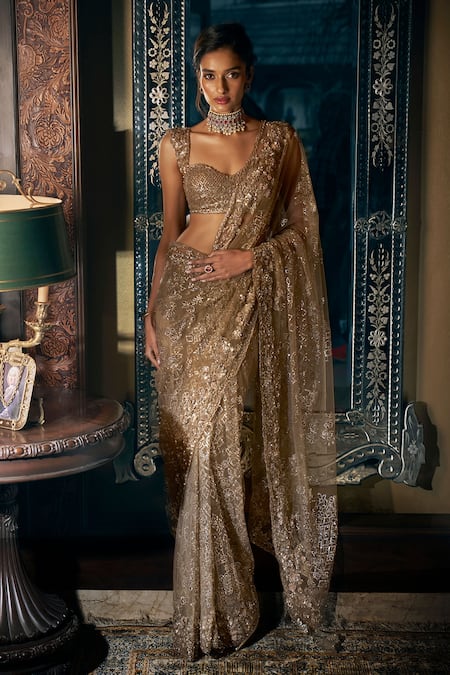 Seema Gujral Gold Net Embroidered Sequin Antique Tonal Saree With Blouse 