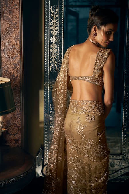 Shop_Seema Gujral_Gold Net Sequins, Beads Sweetheart Antique Tonal Embroidered Saree With Blouse _at_Aza_Fashions