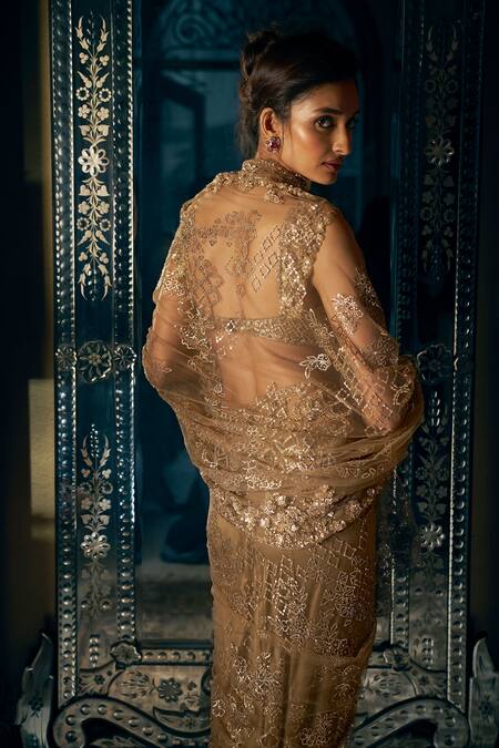 Buy_Seema Gujral_Gold Net Sequins, Beads Sweetheart Antique Tonal Embroidered Saree With Blouse _Online_at_Aza_Fashions