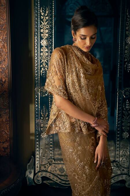 Shop_Seema Gujral_Gold Net Sequins, Beads Sweetheart Antique Tonal Embroidered Saree With Blouse _Online_at_Aza_Fashions