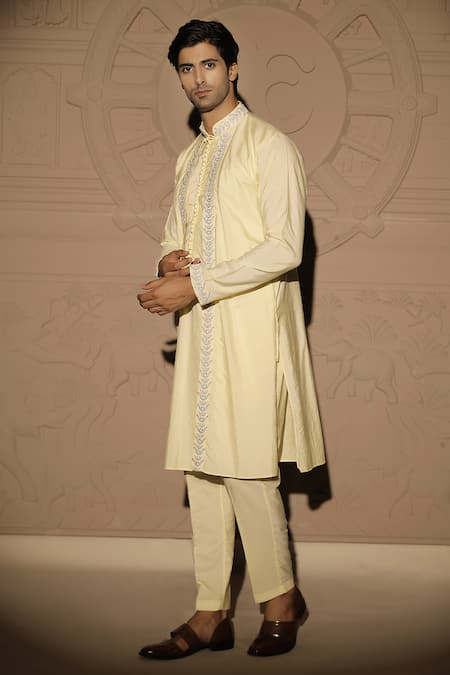 Jubinav Chadha_Yellow Cotton, Silk Embroidery Layered Kurta Set _Online_at_Aza_Fashions