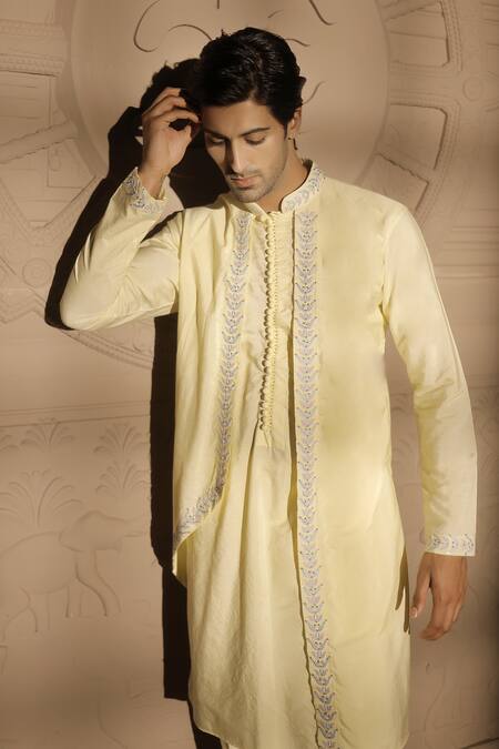 Shop_Jubinav Chadha_Yellow Cotton, Silk Embroidery Layered Kurta Set _Online_at_Aza_Fashions