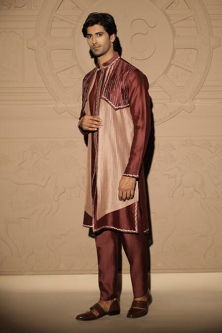 Jubinav Chadha Wine Chanderi Embroidery Colorblock Kurta Set Online at Aza Fashions Jubinav Chadha_Wine Chanderi Embroidery Colorblock Kurta Set _Online_at_Aza_Fashions