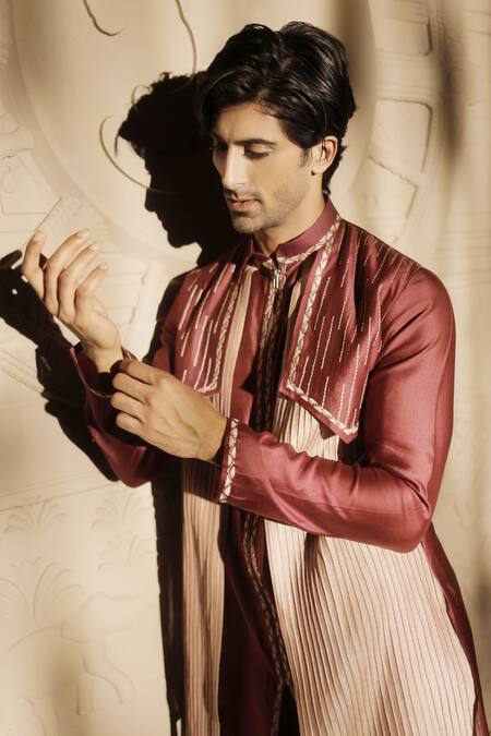 Buy Jubinav Chadha Wine Chanderi Embroidery Colorblock Kurta Set Online at Aza Fashions Buy_Jubinav Chadha_Wine Chanderi Embroidery Colorblock Kurta Set _Online_at_Aza_Fashions