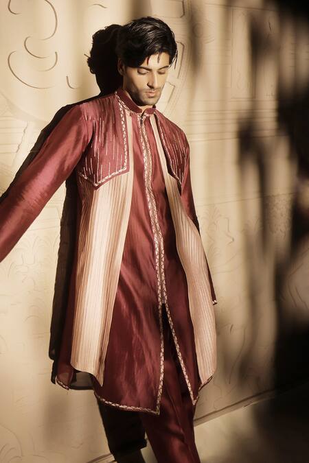 Shop Jubinav Chadha Wine Chanderi Embroidery Colorblock Kurta Set Online at Aza Fashions Shop_Jubinav Chadha_Wine Chanderi Embroidery Colorblock Kurta Set _Online_at_Aza_Fashions