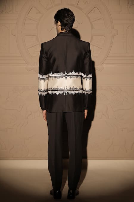 Shop Jubinav Chadha Black Chanderi Embroidery Colorblock Blazer at Aza Fashions Shop_Jubinav Chadha_Black Chanderi Embroidery Colorblock Blazer _at_Aza_Fashions