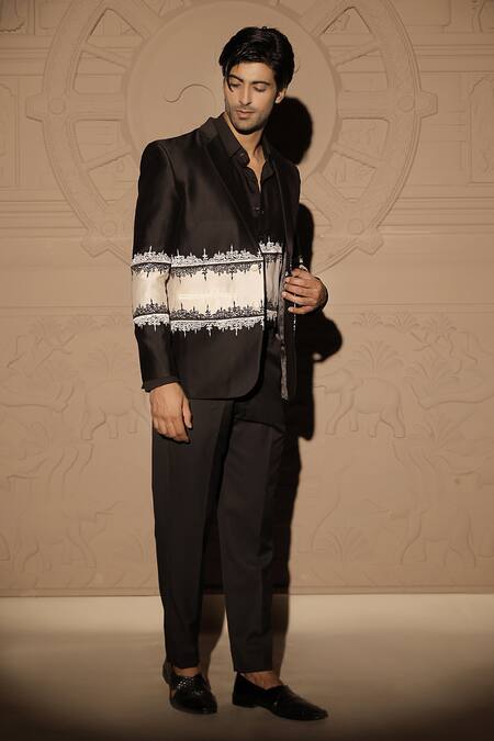 Jubinav Chadha Black Chanderi Embroidery Colorblock Blazer Online at Aza Fashions Jubinav Chadha_Black Chanderi Embroidery Colorblock Blazer _Online_at_Aza_Fashions