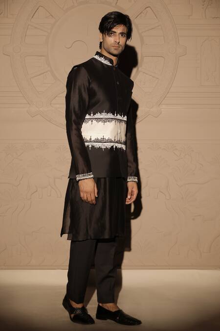 Jubinav Chadha_Black Chanderi Pearls, Embroidery And White Nehru Jacket Set _Online_at_Aza_Fashions