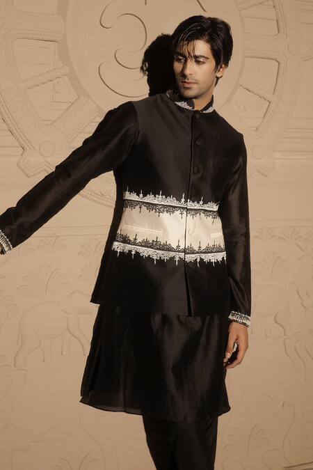 Buy_Jubinav Chadha_Black Chanderi Pearls, Embroidery And White Nehru Jacket Set _Online_at_Aza_Fashions