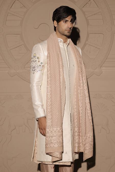 Jubinav Chadha Ivory Georgette, Silk Pearls, Sequins, Embroidery Sherwani Set Online at Aza Fashions Jubinav Chadha_Ivory Georgette, Silk Pearls, Sequins, Embroidery Sherwani Set _Online_at_Aza_Fashions