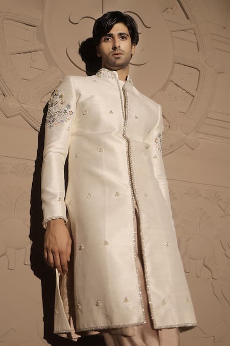 Jubinav Chadha Ivory Georgette, Silk Pearls, Sequins, Embroidery Sherwani Set at Aza Fashions Jubinav Chadha_Ivory Georgette, Silk Pearls, Sequins, Embroidery Sherwani Set _at_Aza_Fashions