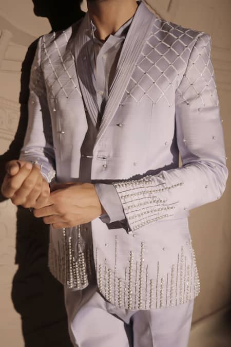 Shop_Jubinav Chadha_Purple Organza, Satin Pearls, Cut Work, Embroidery Checkered Blazer Set _Online_at_Aza_Fashions