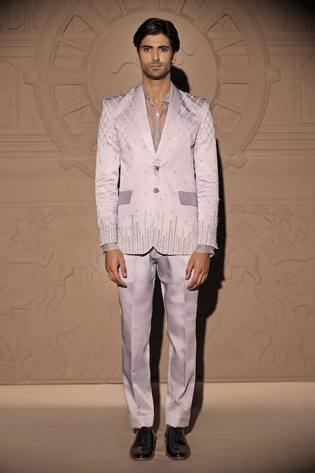 Jubinav Chadha_Purple Organza, Satin Pearls, Cut Work, Embroidery Checkered Blazer Set _at_Aza_Fashions