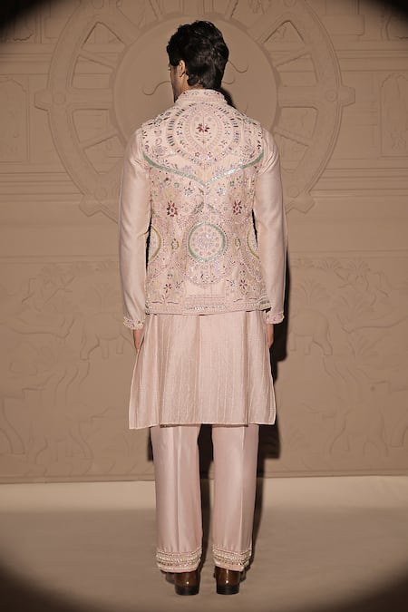 Shop Jubinav Chadha Pink Chanderi Sequins, Pearls, Gota Patti, Beads Embroidered Bundi And Kurta Set at Aza Fashions Shop_Jubinav Chadha_Pink Chanderi Sequins, Pearls, Gota Patti, Beads Embroidered Bundi And Kurta Set _at_Aza_Fashions