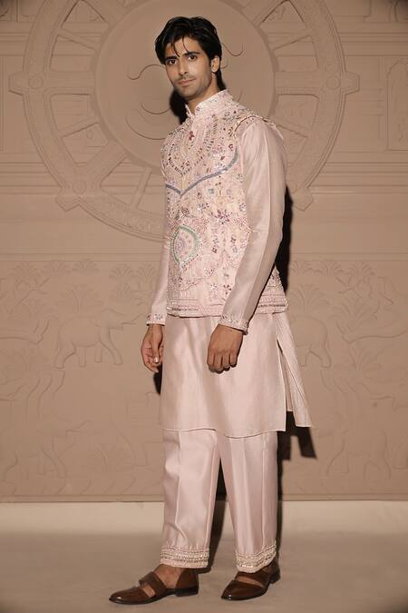 Jubinav Chadha Pink Chanderi Sequins, Pearls, Gota Patti, Beads Embroidered Bundi And Kurta Set Online at Aza Fashions Jubinav Chadha_Pink Chanderi Sequins, Pearls, Gota Patti, Beads Embroidered Bundi And Kurta Set _Online_at_Aza_Fashions