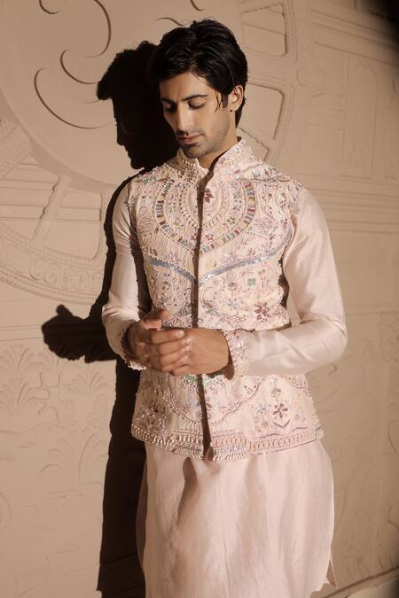 Buy Jubinav Chadha Pink Chanderi Sequins, Pearls, Gota Patti, Beads Embroidered Bundi And Kurta Set Online at Aza Fashions Buy_Jubinav Chadha_Pink Chanderi Sequins, Pearls, Gota Patti, Beads Embroidered Bundi And Kurta Set _Online_at_Aza_Fashions