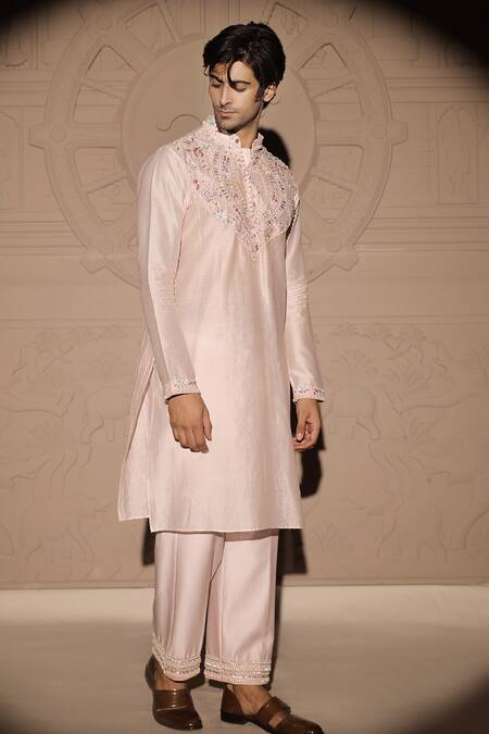 Shop Jubinav Chadha Pink Chanderi Sequins, Pearls, Gota Patti, Beads Embroidered Bundi And Kurta Set Online at Aza Fashions Shop_Jubinav Chadha_Pink Chanderi Sequins, Pearls, Gota Patti, Beads Embroidered Bundi And Kurta Set _Online_at_Aza_Fashions