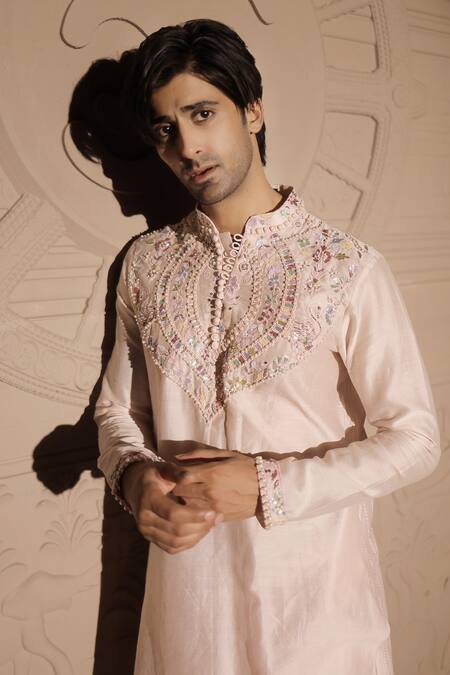 Jubinav Chadha_Pink Chanderi Gota Patti, Pearls, Sequins, Beads Yoke Embroidered Kurta Set _Online_at_Aza_Fashions