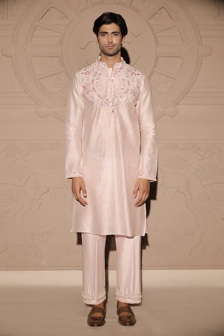 Buy_Jubinav Chadha_Pink Chanderi Gota Patti, Pearls, Sequins, Beads Yoke Embroidered Kurta Set _Online_at_Aza_Fashions