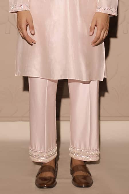 Shop_Jubinav Chadha_Pink Chanderi Gota Patti, Pearls, Sequins, Beads Yoke Embroidered Kurta Set _Online_at_Aza_Fashions