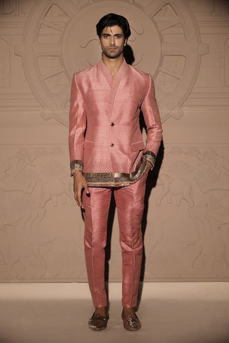 Jubinav Chadha Pink Raw Silk Embroidery Sequin Border Blazer Set
