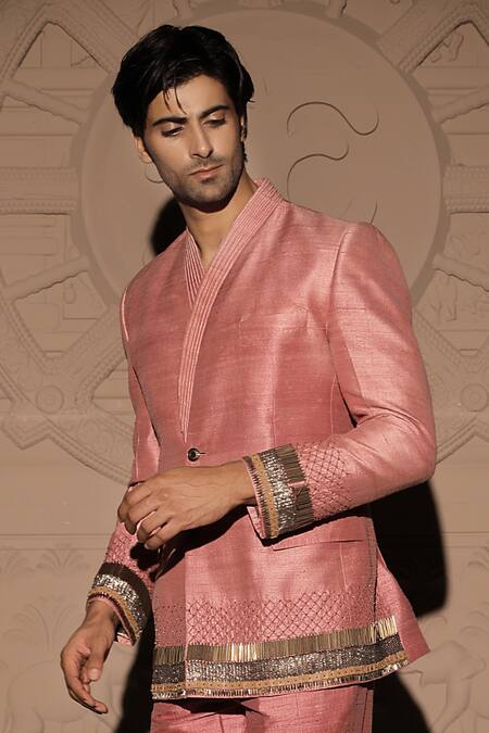 Jubinav Chadha_Pink Silk Sequins, Cut Work, Embroidery Border Blazer Set _Online_at_Aza_Fashions