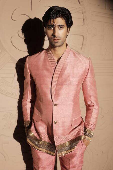 Buy_Jubinav Chadha_Pink Silk Sequins, Cut Work, Embroidery Border Blazer Set _Online_at_Aza_Fashions